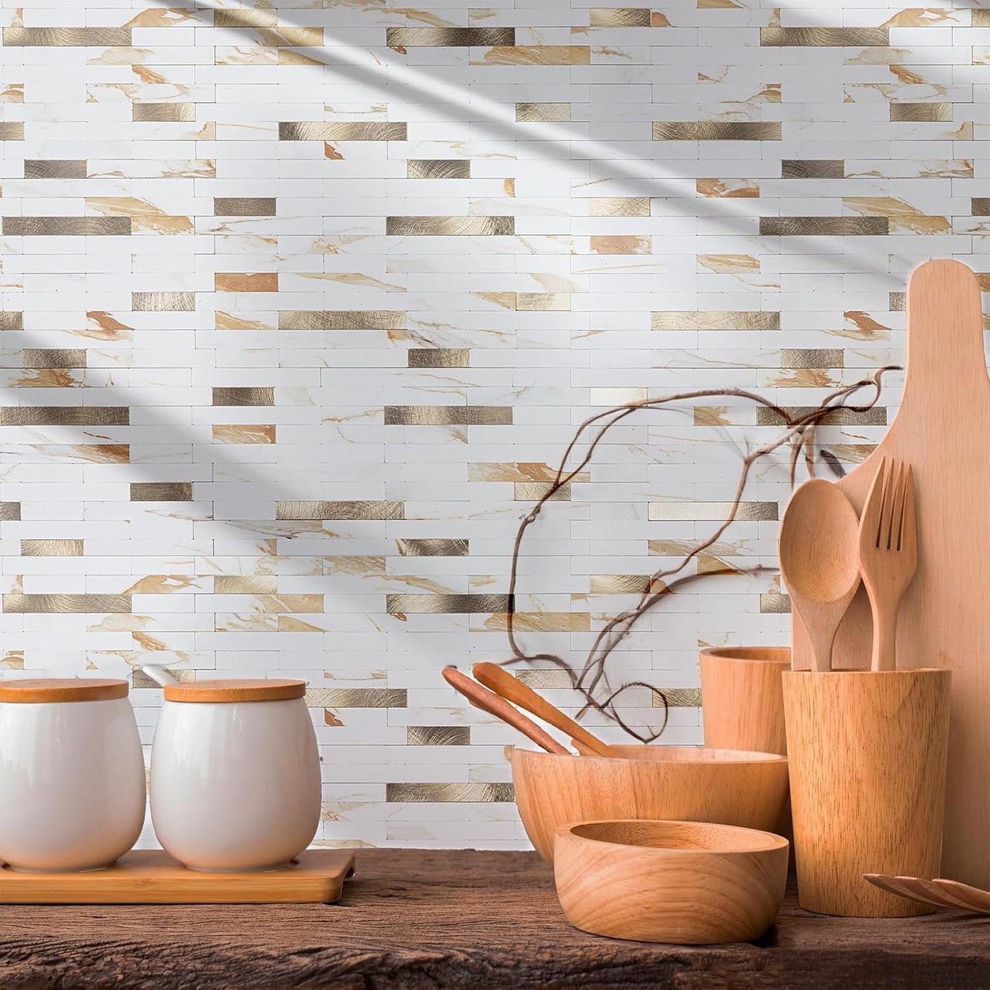 StyloVue 20 Sheets Peel and Stick Backsplash for Kitchen, 2025 Upgraded Calacatta Gold with Metal Glod Look Stick on Tile Upgrade Your Kitchen Backsplash, RV, Fireplace
