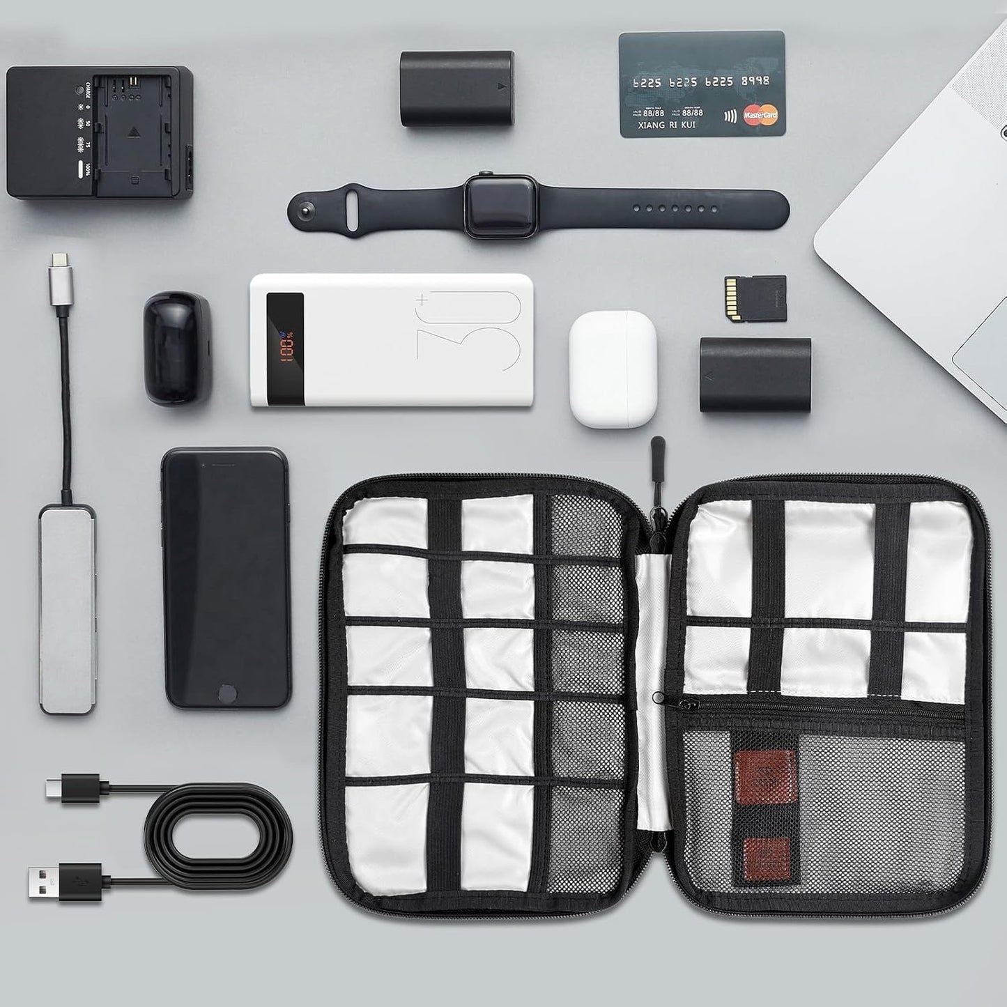 Cozary Cable Organizer, Portable Travel Case for Electronic Accessories, Travel Bag Cable Organizer Holder for USB Cables, SD Cards, Chargers, Hard Drive, Grey