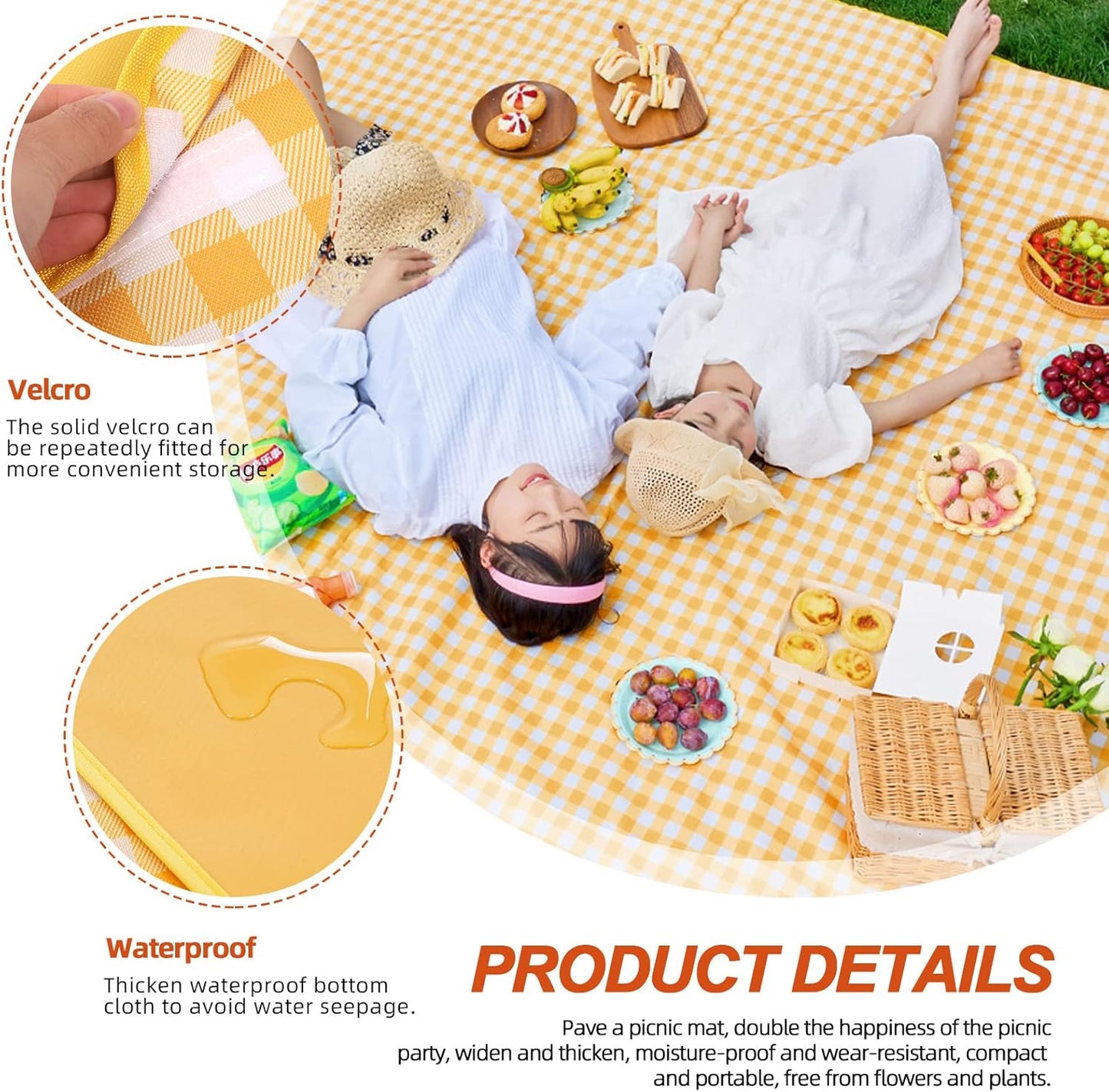 Tanstic Outdoor Picnic Blanket, 79" x 79" Extra Large Waterproof Foldable Beach Mat With Carry Strap for Camping Park (Yellow & White Lattice)