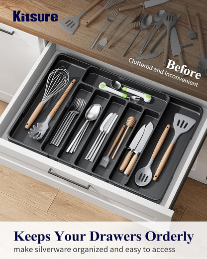 Kitsure Large Cutlery Organizer - Adjustable Silverware Utensil Drawer Organizer for Easy Access, Versatile Kitchen Organizer and Storage Solution 34.8 × 3.9 × 27.8~50.0 cm, Black