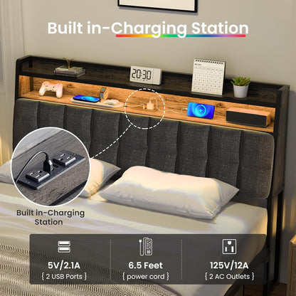BedStory Bed Frame Full Size with Charging Station, LED Bed with Upgrade Upholstered Headboard, Ergonomic Bed Frame Headboard with Under Bed Storage, No Box Spring Needed, Noise Free Easy Assembly