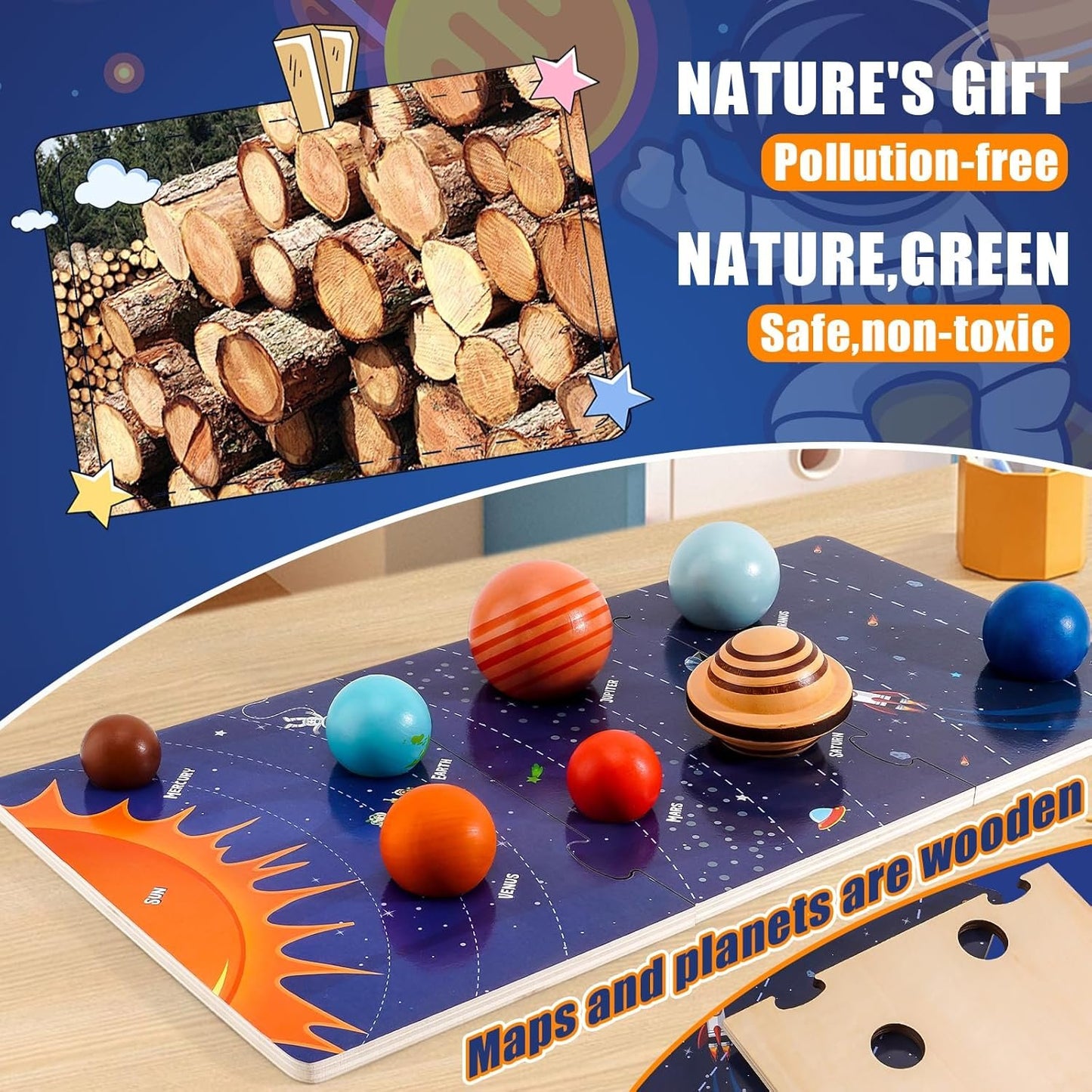 30 Pcs Wooden Solar System Model Board Toy Kit, Montessori Planet Balls Toys with Astronaut Figures, Preschool Learning Educational Puzzle, Space Knowledge Flash Cards Learning Toys for Kids