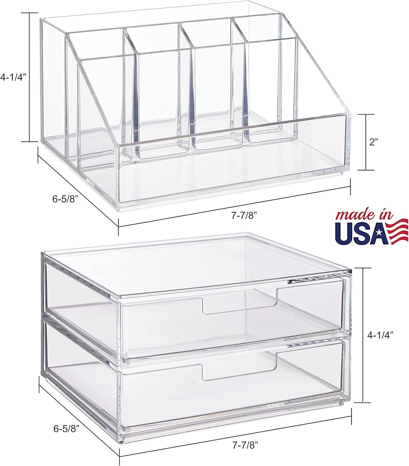 STORi Chloe Stackable Clear Makeup Holder and Double Organizer Drawer Set | Organize Cosmetics and Beauty Supplies | Made in USA