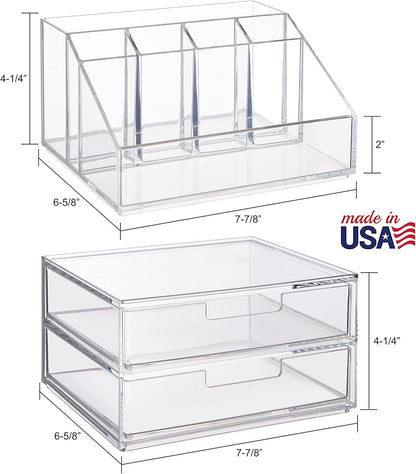 STORi Chloe Stackable Clear Makeup Holder and Double Organizer Drawer Set | Organize Cosmetics and Beauty Supplies | Made in USA