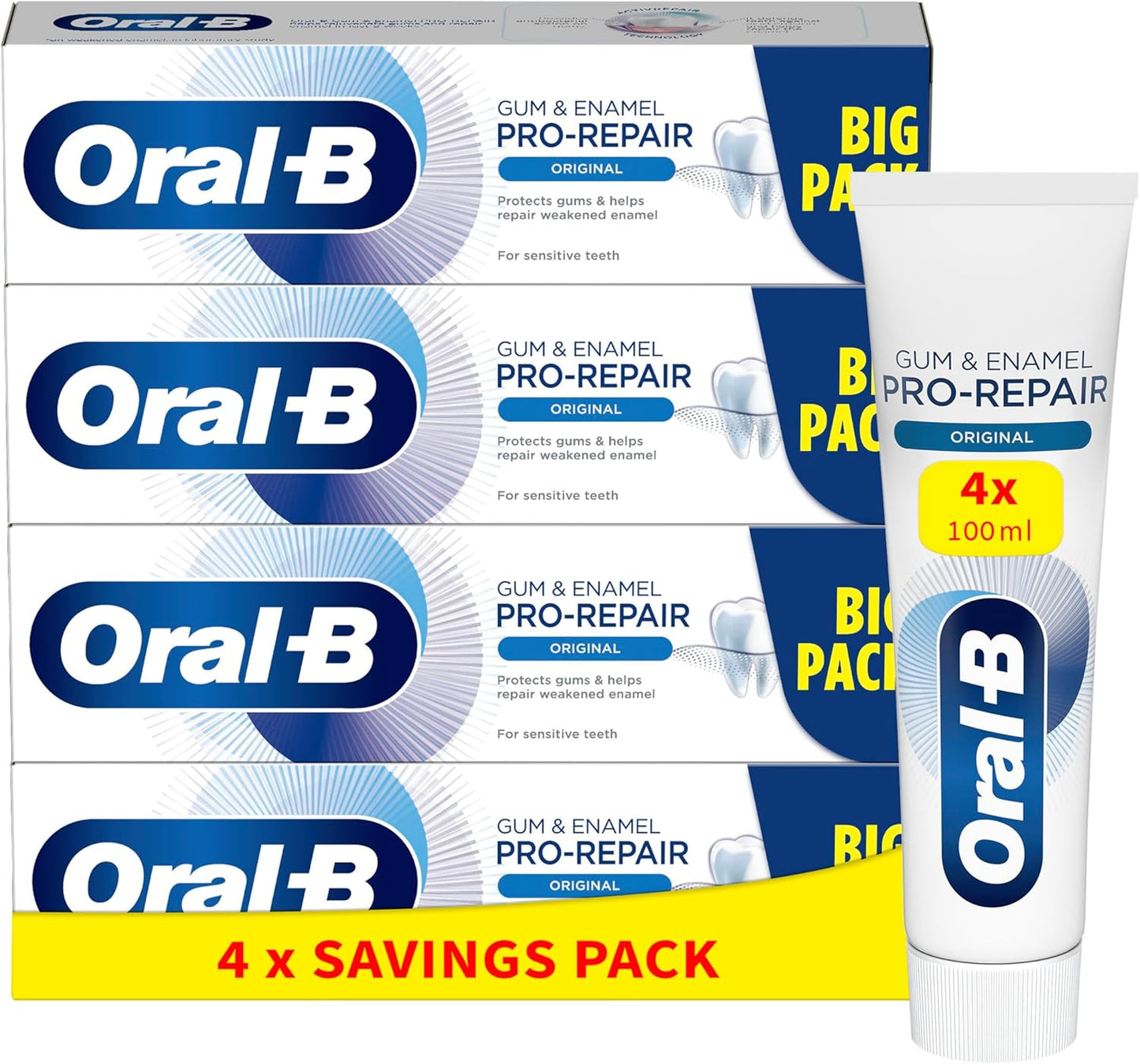 Oral B Toothpaste Pro Repair, Gums and Enamel, Neutralises Bacteria, Reduces Irritation Restores Enamel Minerals, Original, 4 Packs x 100 ml