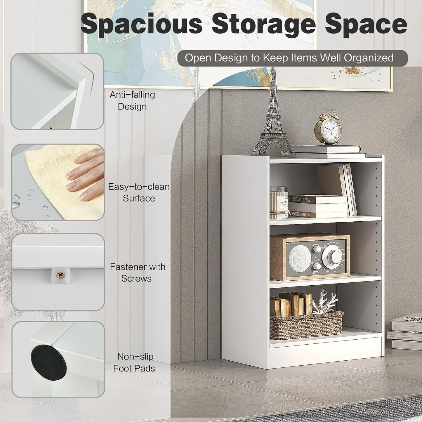 KOMFOTTEU 3 Tier Open Bookcase Shelf Adjustable Shelves Storage Cabinet Organizer with Anti-tipping Device Wardrobe for Bedroom Living Room 50x30x75cm (White)