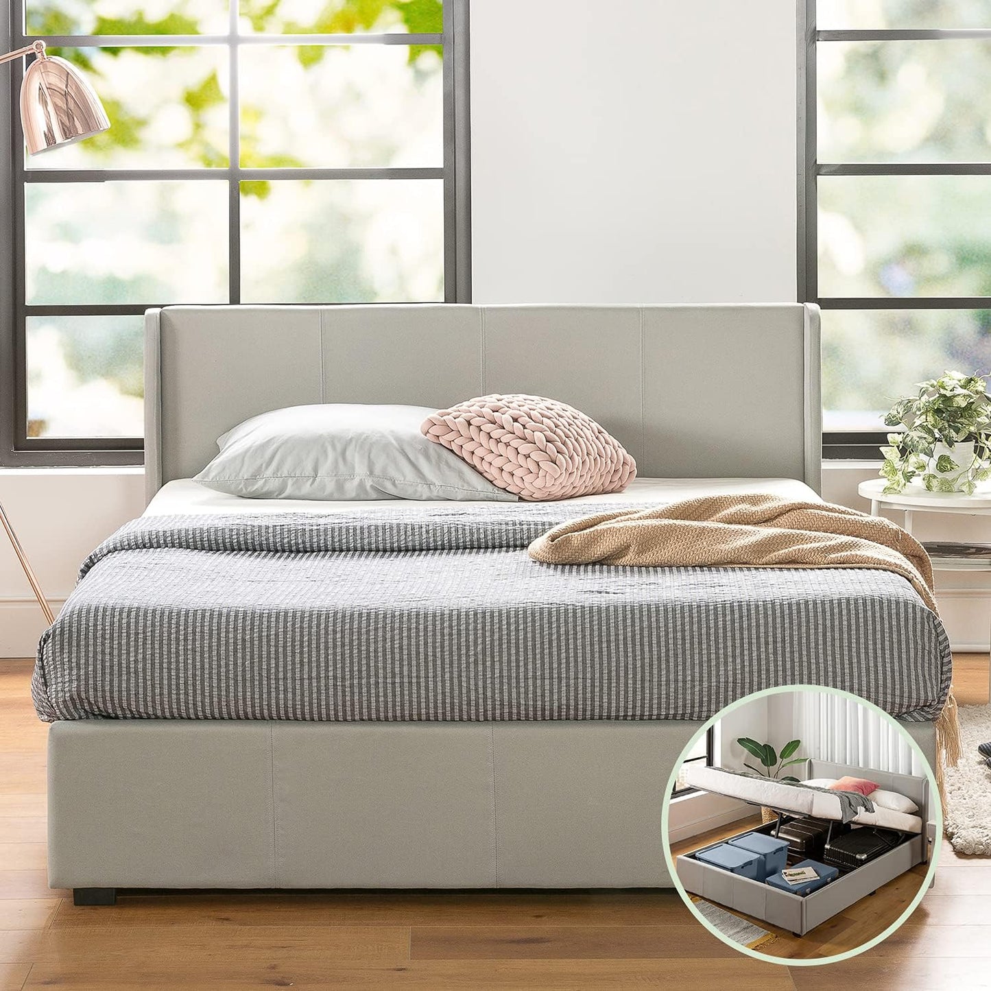 Double Bed Frame, Zinus Fabric Upholstered Bed Base with Gas Lift Storage, Light Grey, Bedroom Furniture