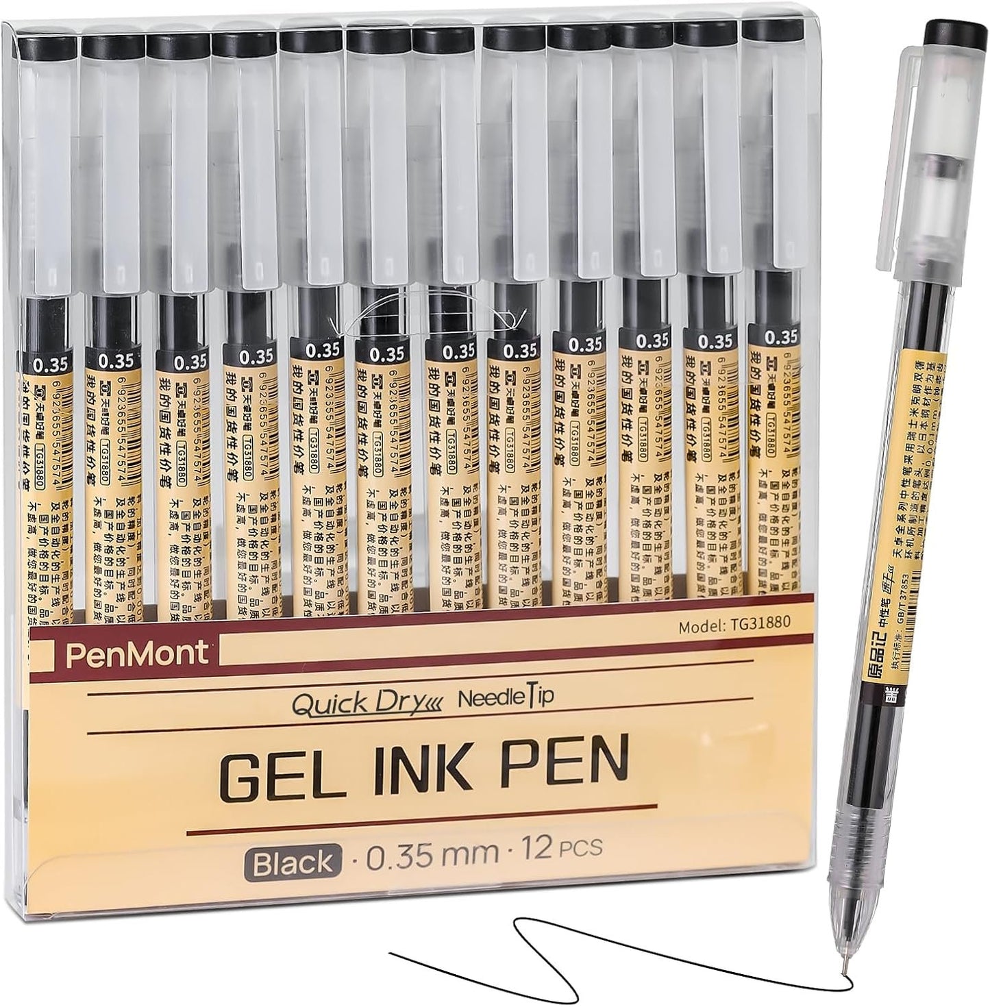 PenMont Quick Dry Black Gel Roller Pens, Japanese Style, 0.35mm Extra Fine Point, Precise and smooth writing, 12-Count Pack