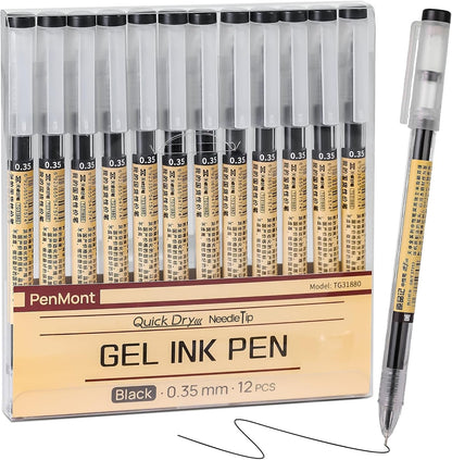 PenMont Quick Dry Black Gel Roller Pens, Japanese Style, 0.35mm Extra Fine Point, Precise and smooth writing, 12-Count Pack