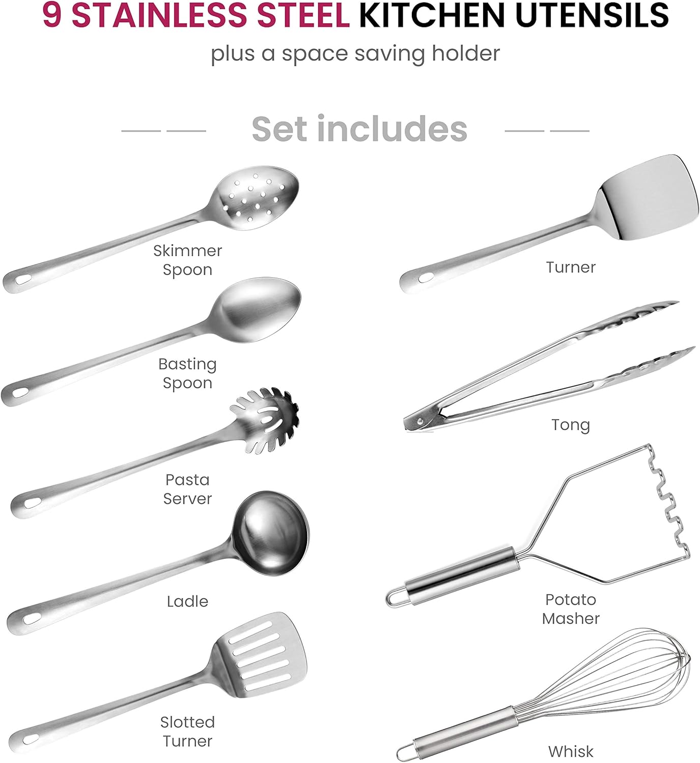 Stainless Steel Kitchen Utensil Set - 10 Piece Premium Non-Stick & Heat Resistant Kitchen Gadgets, Turner, Spaghetti Server, Ladle, Serving Spoons, Whisk, Tungs, Potato Masher and Utensil Holder