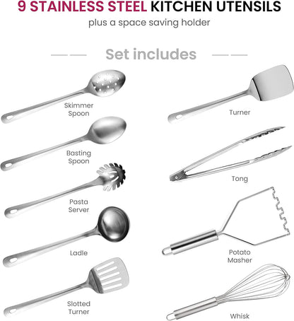 Stainless Steel Kitchen Utensil Set - 10 Piece Premium Non-Stick & Heat Resistant Kitchen Gadgets, Turner, Spaghetti Server, Ladle, Serving Spoons, Whisk, Tungs, Potato Masher and Utensil Holder
