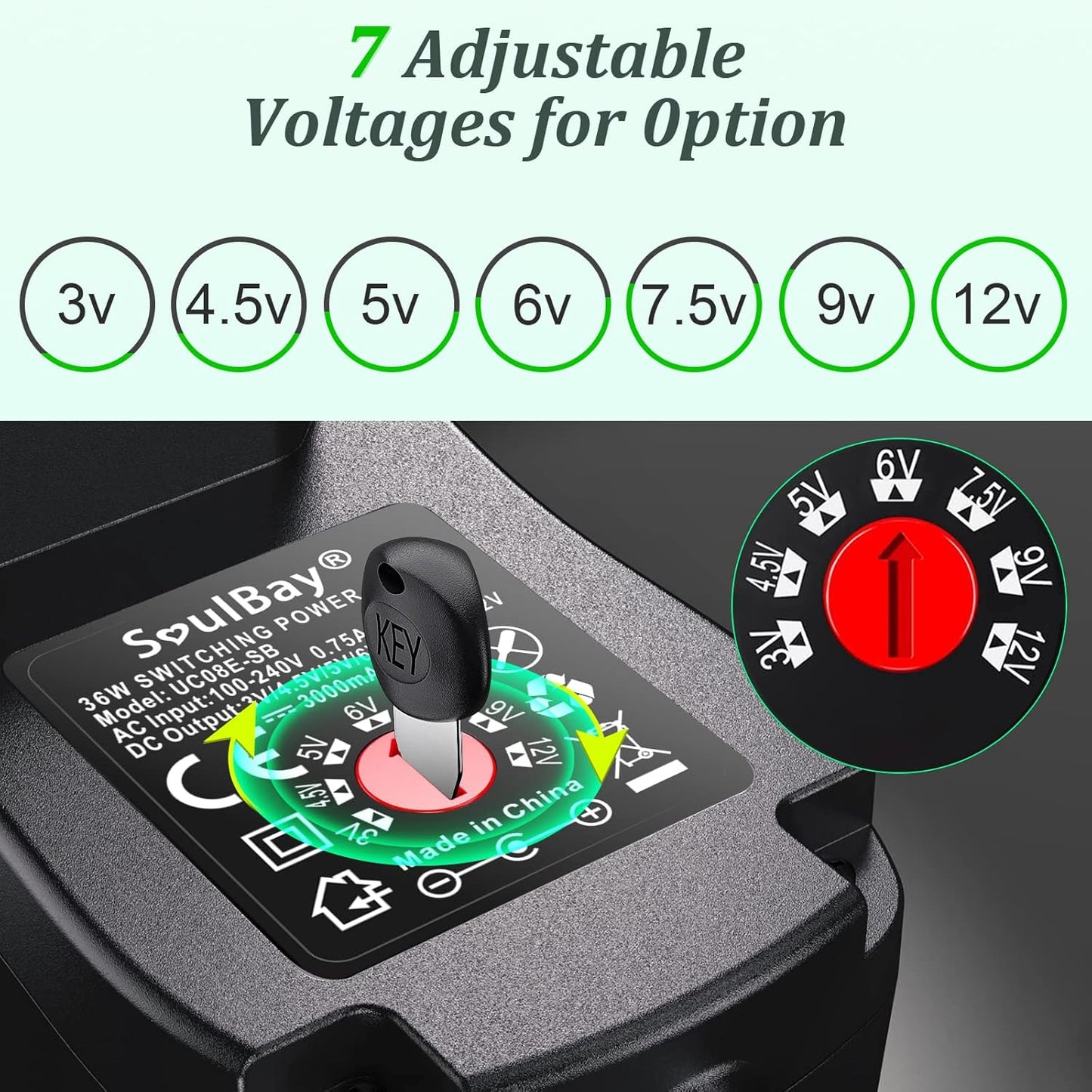 Soulbay 36 W Universal Power Supply, 12 V Universal AC/DC Adapter Charger Transformer with 11 Adjustable DC Tips for 3-12 V CCTV Camera for Home Electronics – 3000 mA Max.