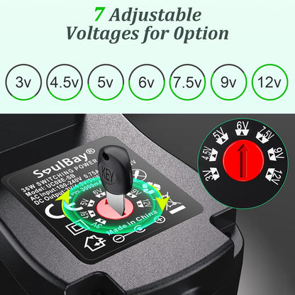 Soulbay 36 W Universal Power Supply, 12 V Universal AC/DC Adapter Charger Transformer with 11 Adjustable DC Tips for 3-12 V CCTV Camera for Home Electronics – 3000 mA Max.