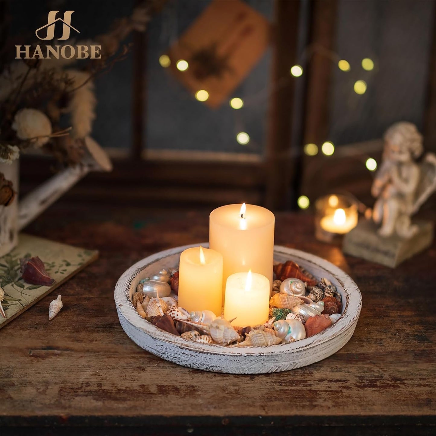 Hanobe Candle Plate Holder Tray: Round Wooden Decorative Candle Plate Small Farmhouse Table Centerpiece Rustic White Wood Tealight Pillar Trays for Christmas Wedding Halloween Home Decor