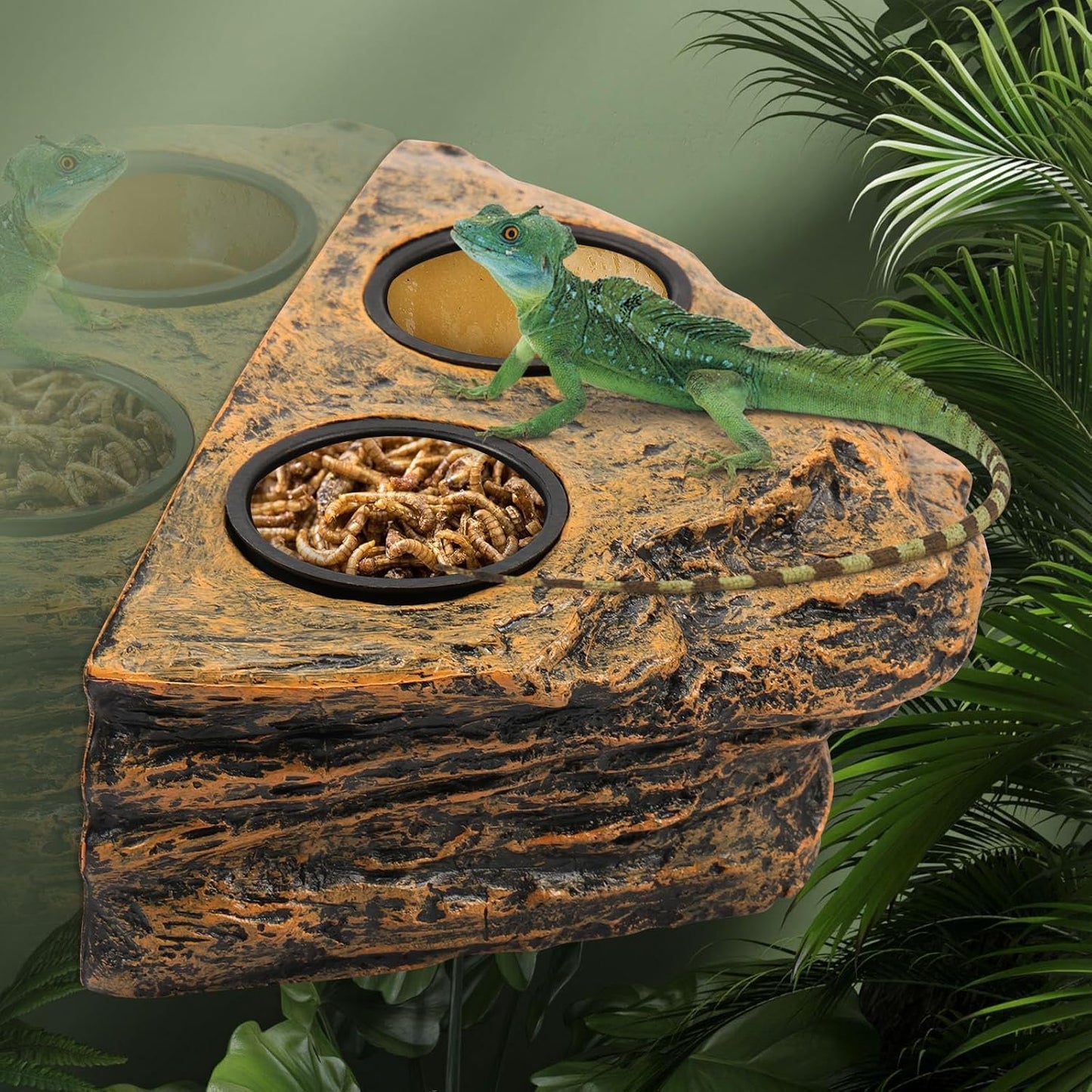 Reptile Magnetic Feeder Ledge, Reptile Food Water Dish with 2Pcs Bowls, Double Bowl Gecko Feeder Ledge, Reptile Feeding Bowl, Lizard Feeding Ledge for Lizard Crested Gecko