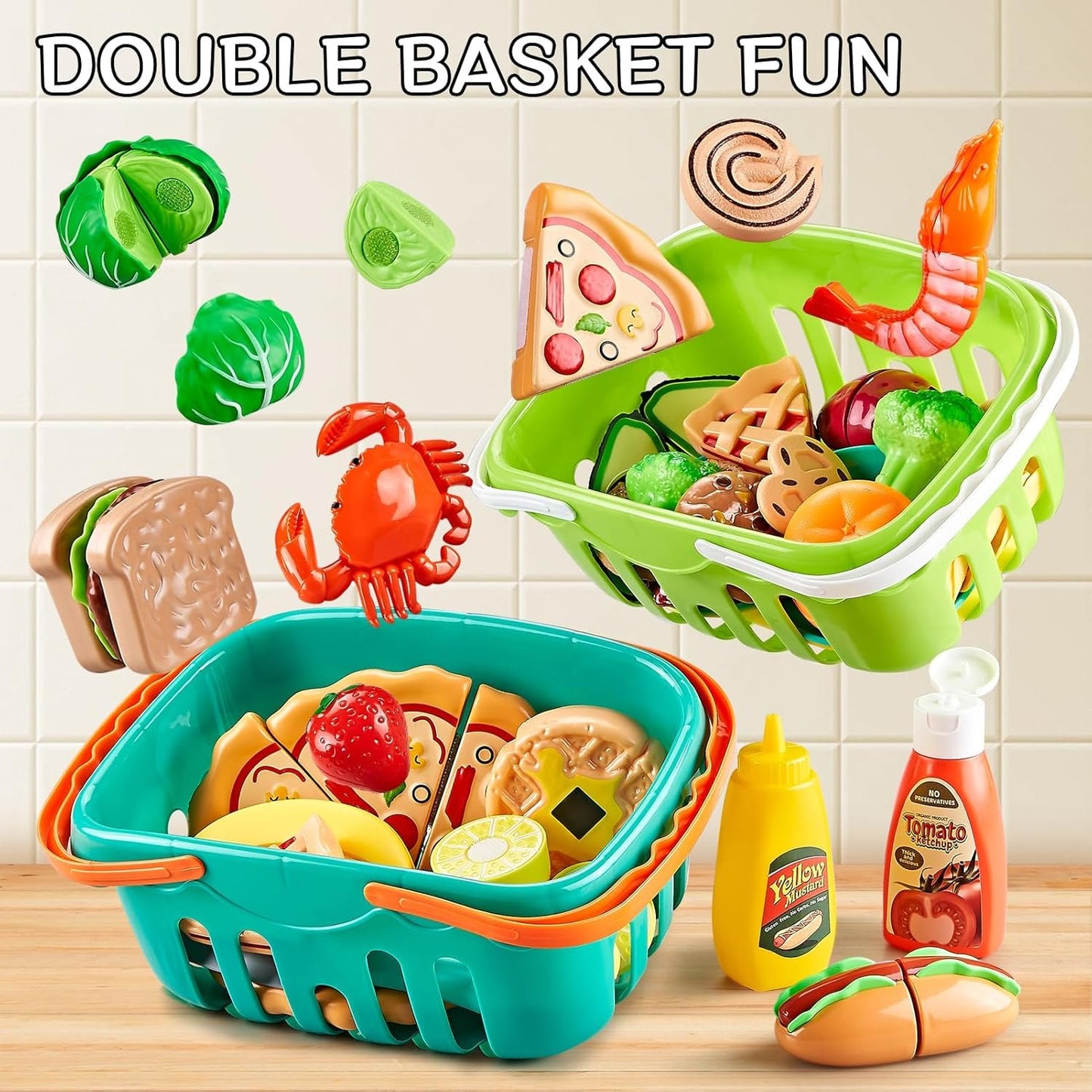85Pcs Pretend Play Food Sets for Kids Kitchen, Cutting Toy Food with 2 Baskets, Play Kitchen Accessories for Toddlers, Fake Food with Pizza&Veggies&Fruits&Dessert, Kids Kitchen Toys, Boys Girls Gift.