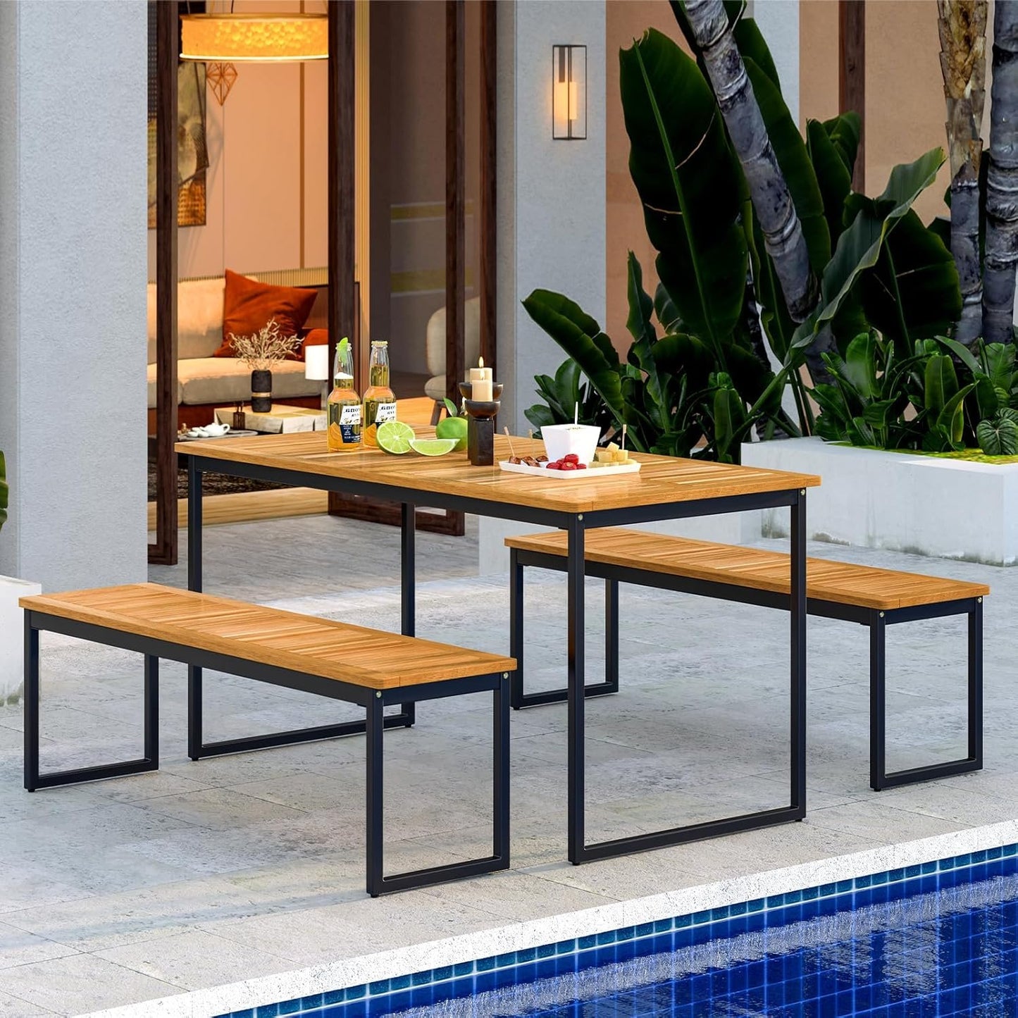 Tangkula 3 Pieces Outdoor Dining Set for 6 People, 55 inch Rectangle Patio Table & 2 Benches with Acacia Wood Tabletop, Metal Frame & Umbrella Hole, Dining Furniture for Yard, Garden, Poolside