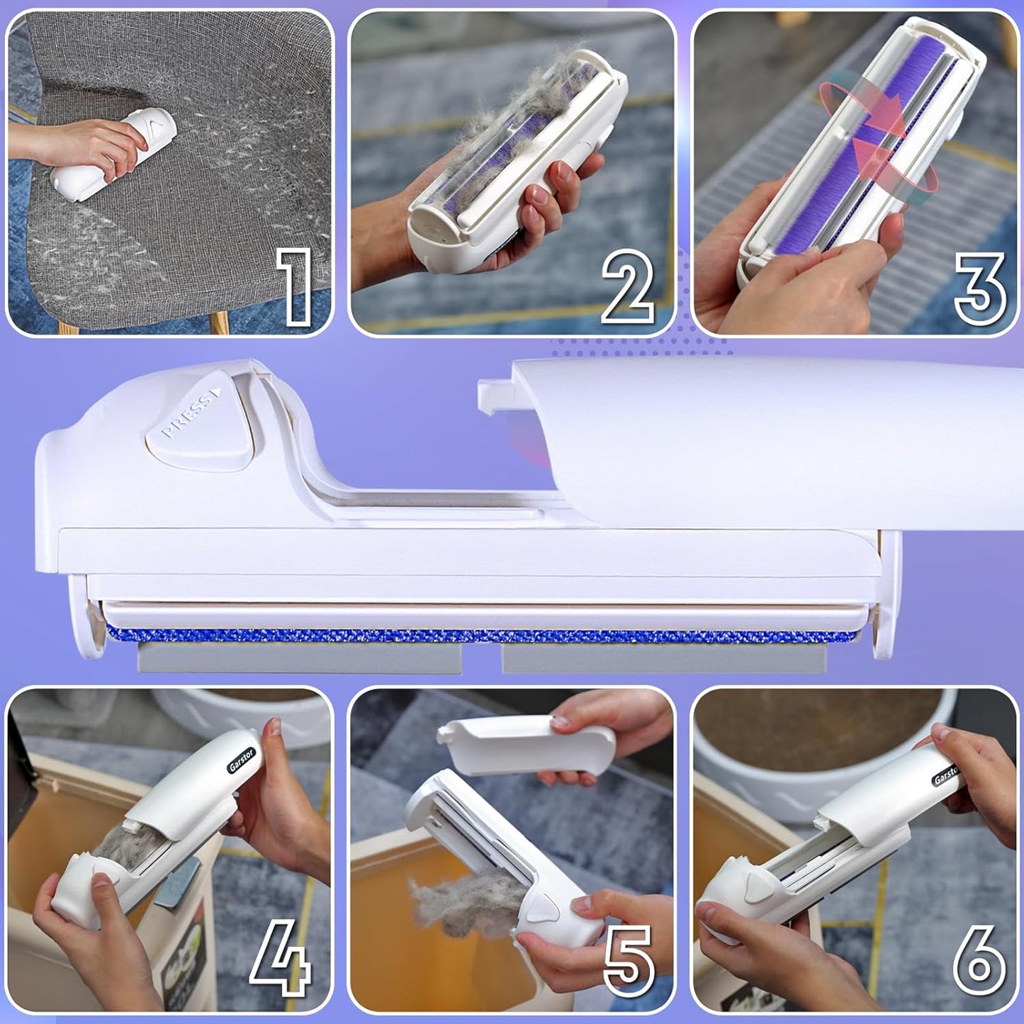 Garstor Lint Pet Hair Remover Brush Roller for Cats and Dogs, Reusable Pet Hair Removal, Hair Removal for Pets and Kennels, Carpets and Sofas, Purple