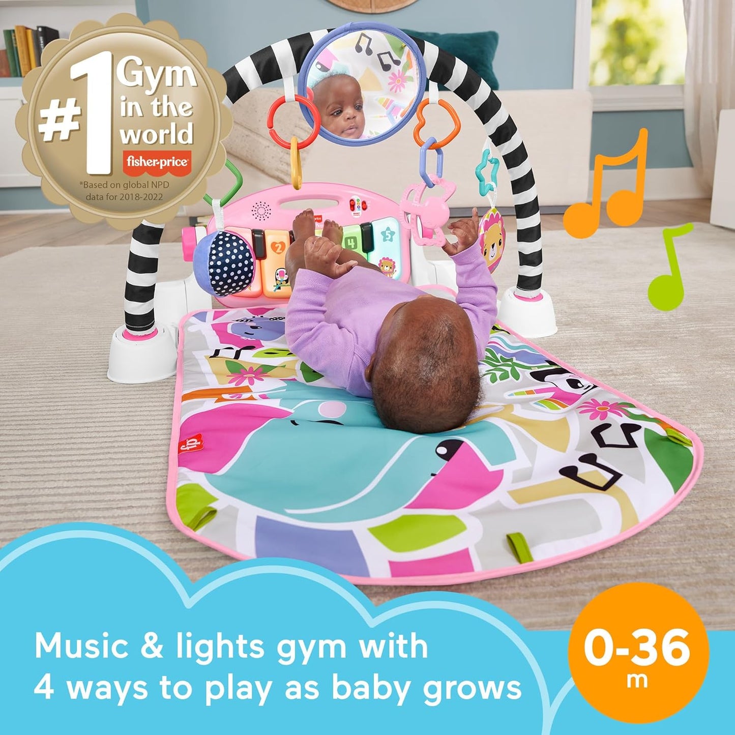 Fisher-Price Baby Activity Mat Glow and Grow Kick & Play Piano Gym, Portable Musical Toy with Smart Stages Learning, Ages 0+ Months, Pink, Queens English Version