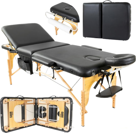 GARR Solution Portable 3 Zone Wooden Massage Table Professional Folding Lightweight 185 x 70 H62/87 cm with Roll Holder and Accessories – Suitable for Beauticians, Physiotherapy and Tattoo – Black