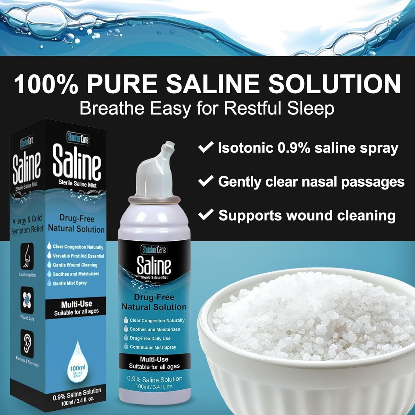 Saline Spray for Nose - Nasal Spray Saline Solution for Newborn, Baby & Adults, Salt Water Decongestant Mist for Stuffy Nose, Travel Friendly, Natural, 0.9% Saline - 100 ml (3.4 fl oz)