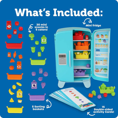 Learning Resources Sorting Snacks Mini Fridge,51 Pieces, Ages 3+, Toddler Toys, Educational Toys, Snack Toys,Plastic Food Toys,Kids Kitchen Accessories