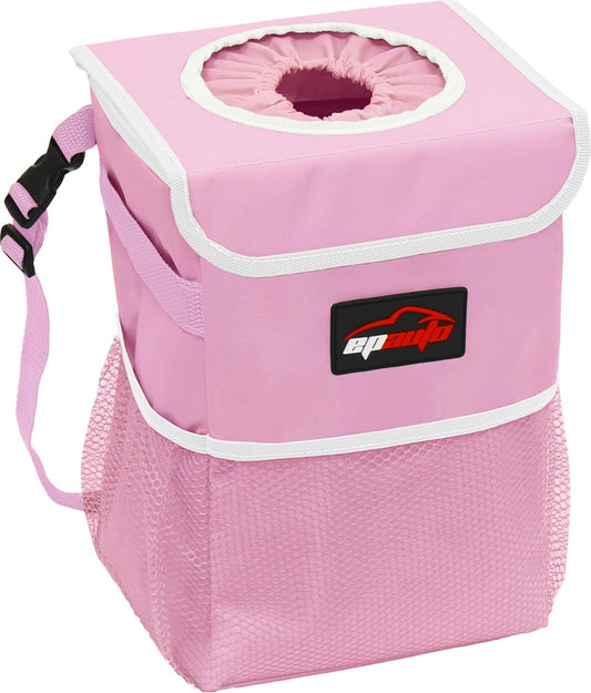 EPAuto Car Trash Can with Lid and Storage Pockets, Pink