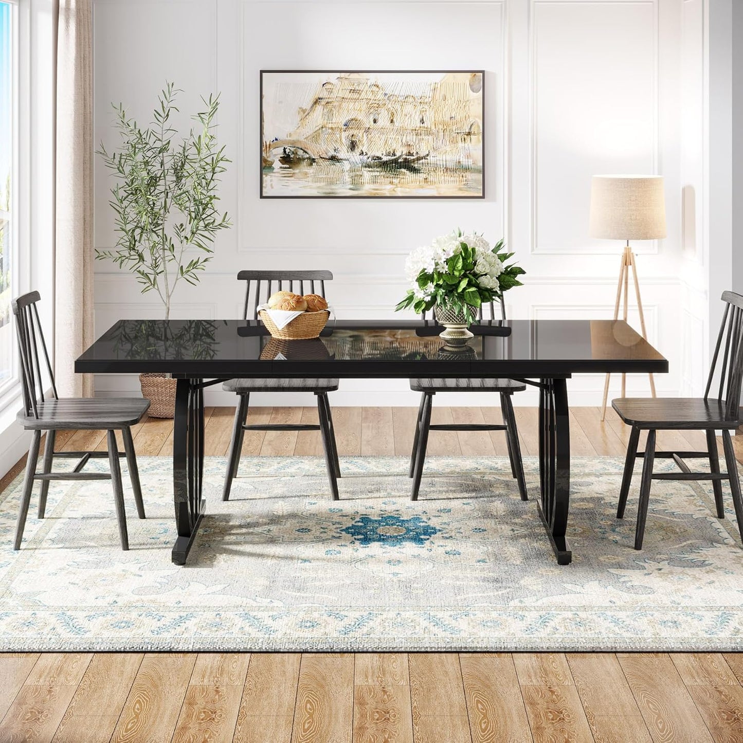 Tribesigns Black Dining Table for 4-6 Person 150cm Rectangular Kitchen Table with Durable Metal Frame, Modern Industrial Kitchen and Dining Room Furniture