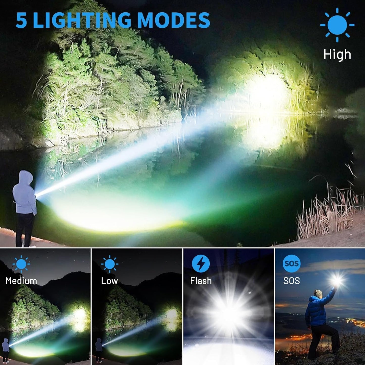 2 Pcs Rechargeable Flashlight, Super Bright Led Flashlight with Irradiation Distance of 3600Ft, 5 Modes, Waterproof IP6 Tactical Flashlight, Suitable for Camping, Climbing, Walking Dogs