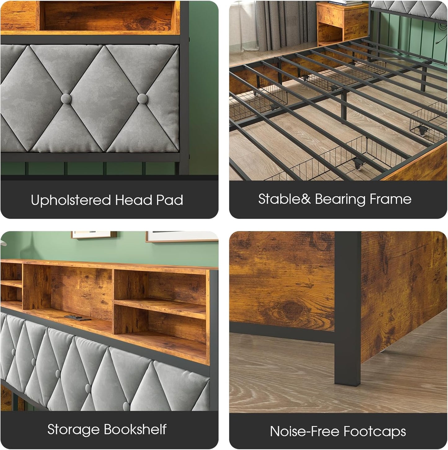 Ufurniture Double Bed Frame Industrial, Mattress Base with 4 Storage Drawers, USB Ports and Storage Headboard