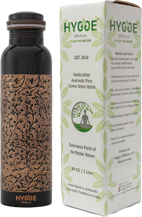 HYGGE 34oz Pure Copper Water Bottle for Drinking â€“ Engraved Ayurvedic Water Bottle with Lid â€“ Leak-Proof Travel Bottle for Gym, Office, Hiking & Outdoor â€“ BPA-Free Eco-Friendly Drinkware