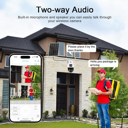 LucZeng Solar Security Cameraã€Dual Lensã€‘,15600mAh Battery WiFi Solar Camera Security Outdoor Wireless 2K, 355Â°P 120Â°T Sound Light Alarm, Colour Night Vision, PIR Motion Detection, 2 Way Talk, IP66