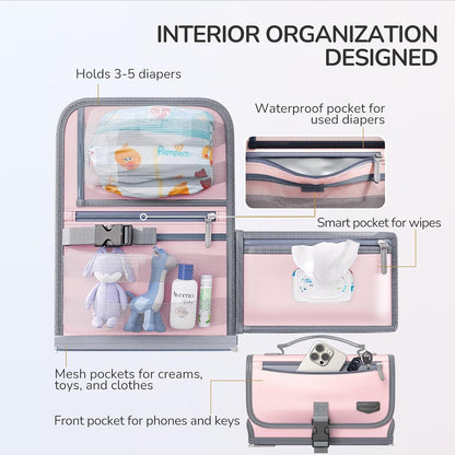 Portable Diaper Changing Pad for Baby, Detachable Travel Changing Pad with Baby Wipes Pocket, Gifts for Baby Shower, Newborn Girls and Boys (Pink)