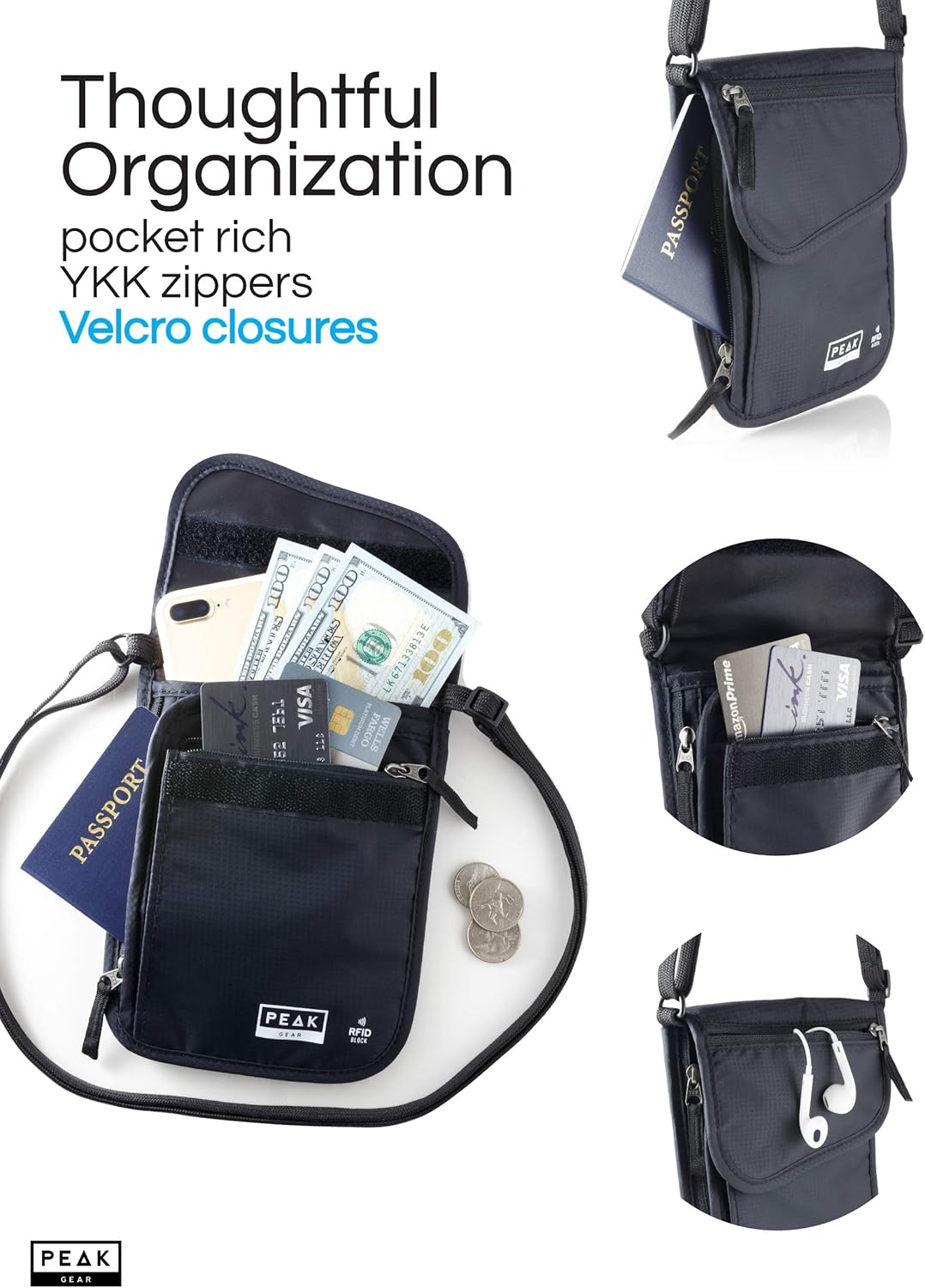 Peak Gear RFID Travel Pouch with Theft Protection and Lost & Found Service, Black, Single, With Strap