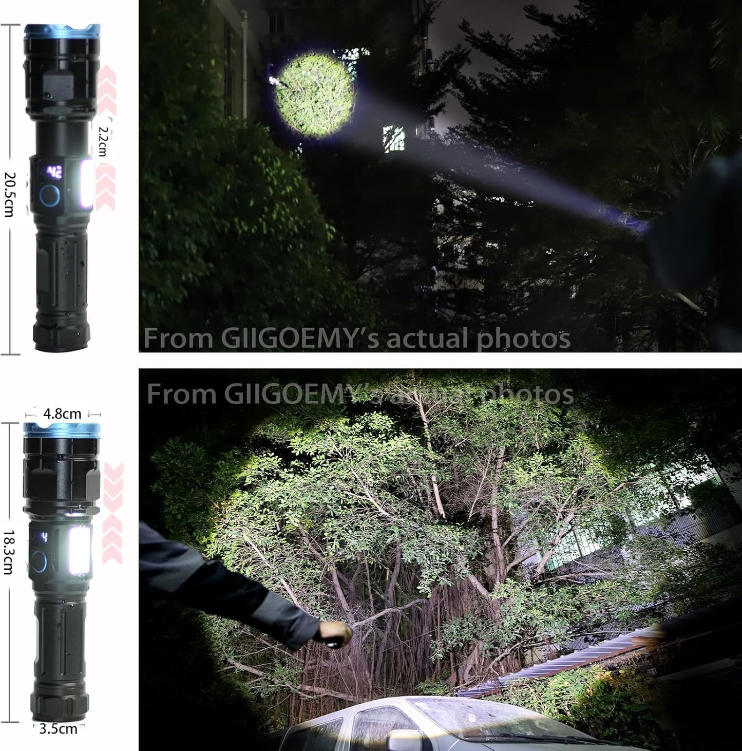 GIIGOEMY Rechargeable High Brightness 10000 Lumens Super Bright LED Tactical Flashlight with White + Red Side Light Flash Function, Tail Cap with Magnet, High Power