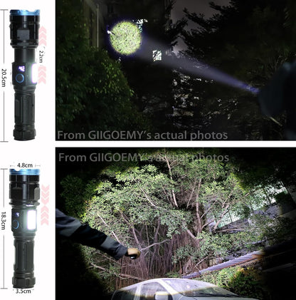 GIIGOEMY Rechargeable High Brightness 10000 Lumens Super Bright LED Tactical Flashlight with White + Red Side Light Flash Function, Tail Cap with Magnet, High Power
