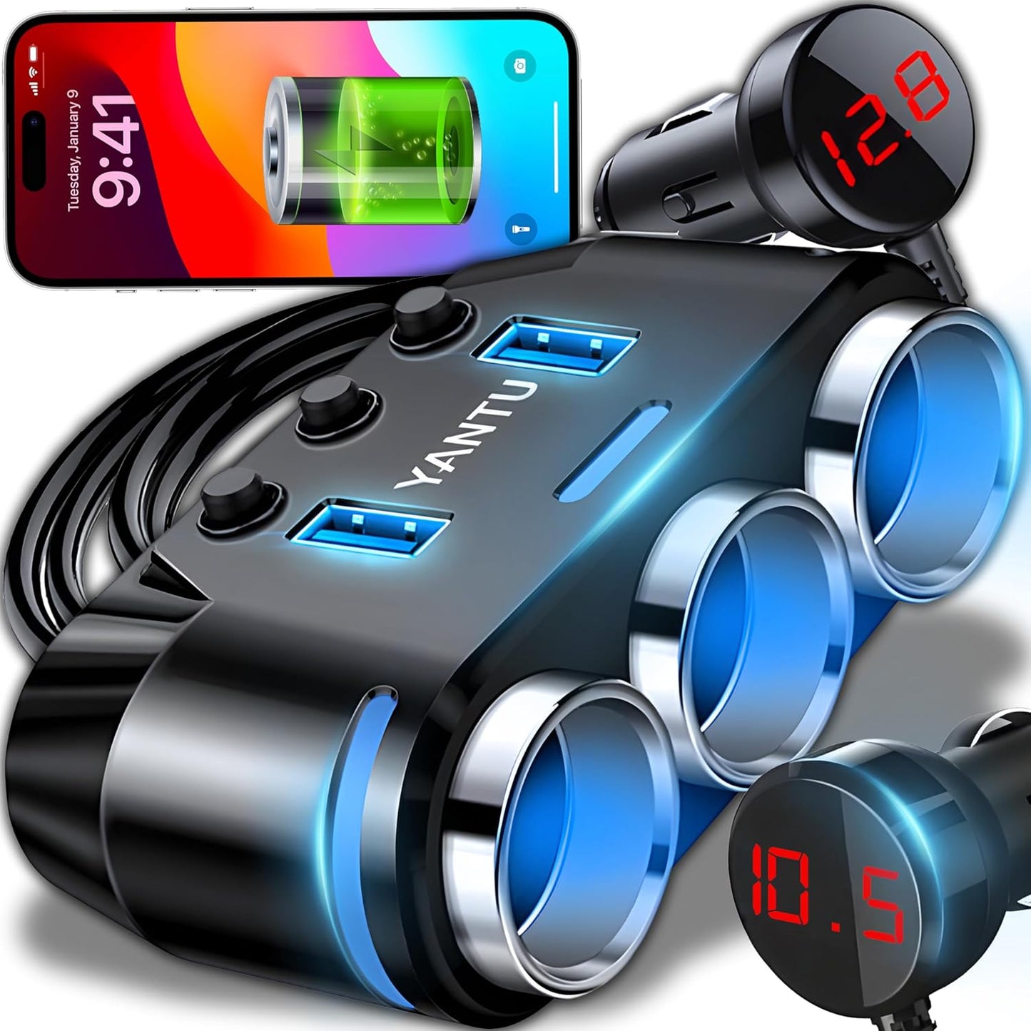 Retoo Car Charger Adapter 3 Compartments 2 USB Sockets Car Cigarette Lighter Distributor 3 Compartments LED Multi Socket Splitter Car Phone Charger
