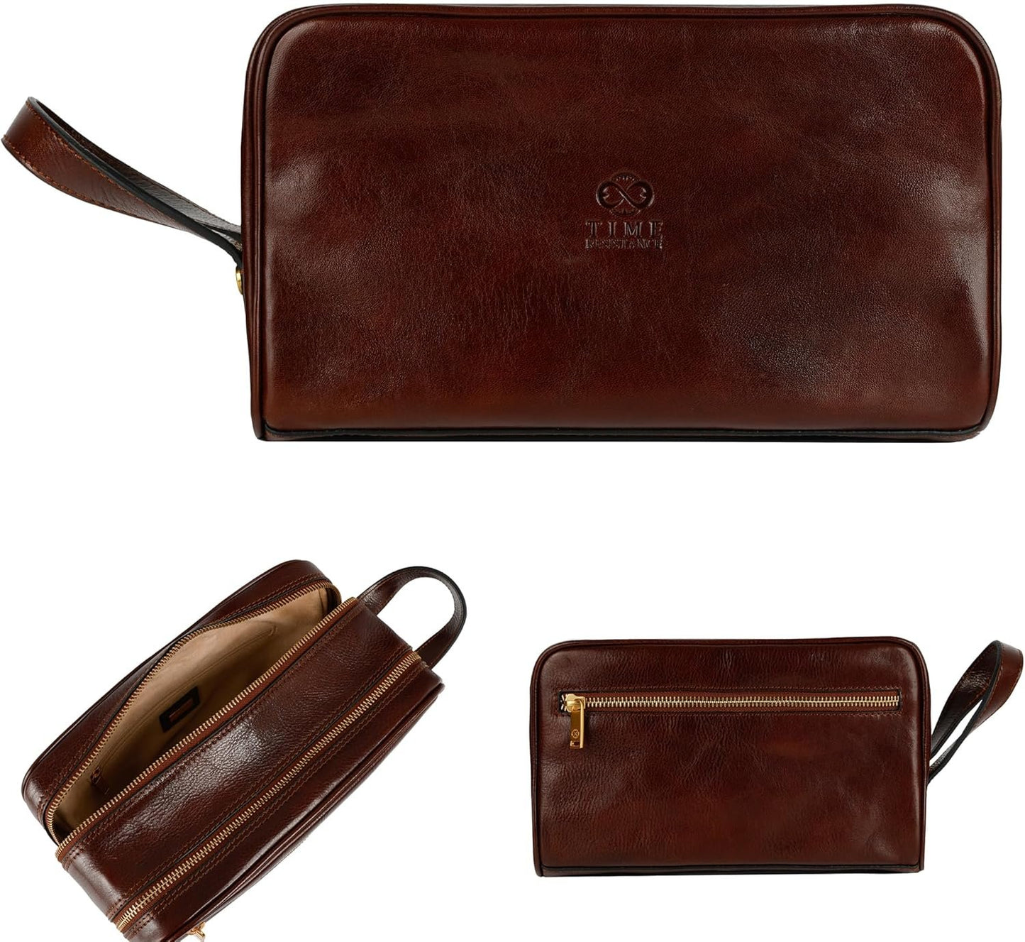 Time Resistance Leather Toiletry Bag - Dopp Bag Skincare Bag - Italian Cosmetic Bag (Brown)