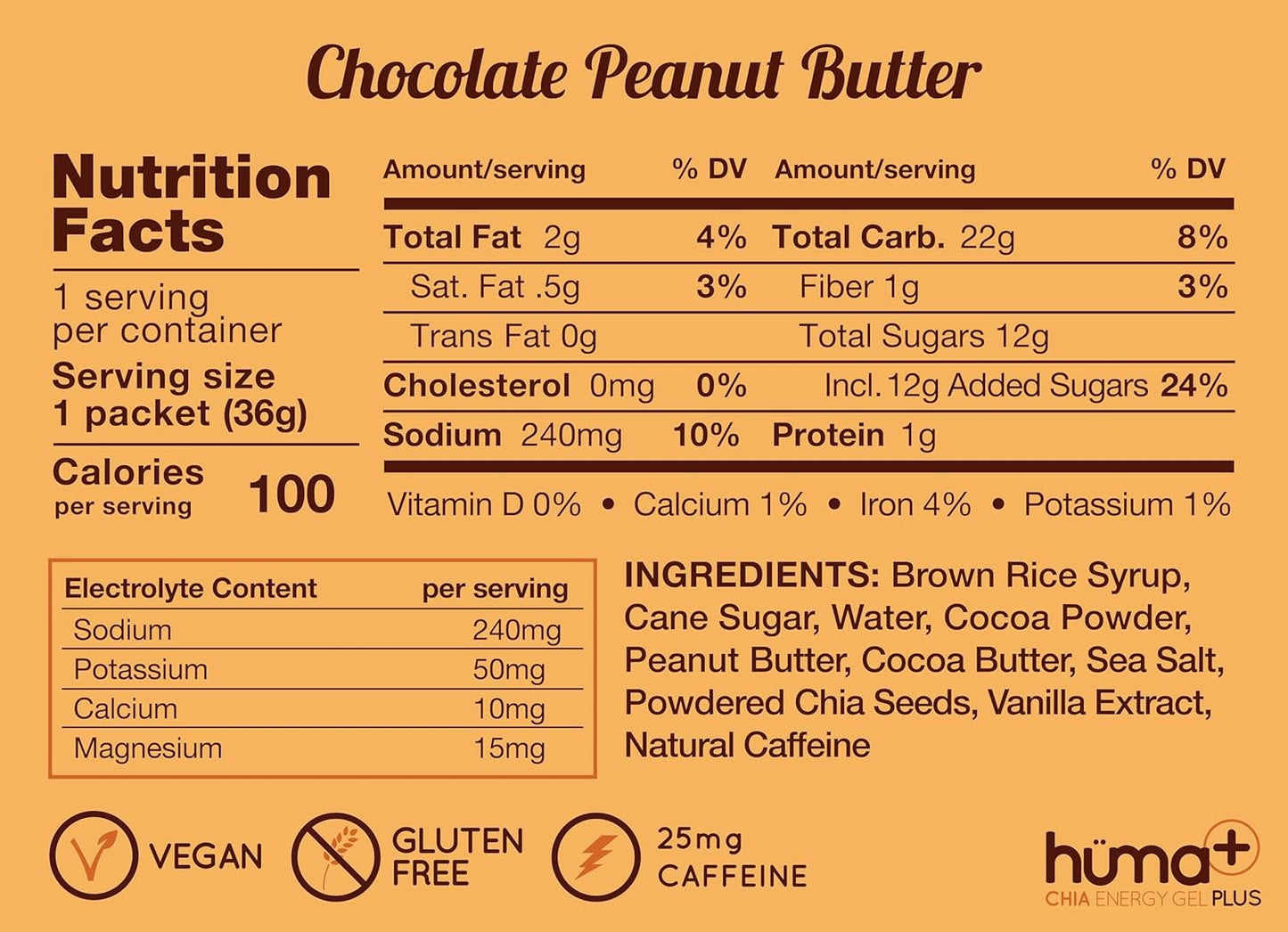 Huma Plus (Double Electrolytes) - Chia Energy Gel, Chocolate Peanut Butter, 24 Gels - Stomach Friendly, Real Food Energy Gels