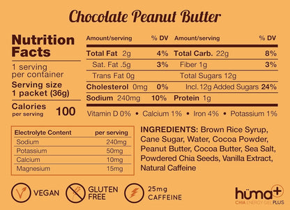 Huma Plus (Double Electrolytes) - Chia Energy Gel, Chocolate Peanut Butter, 24 Gels - Stomach Friendly, Real Food Energy Gels