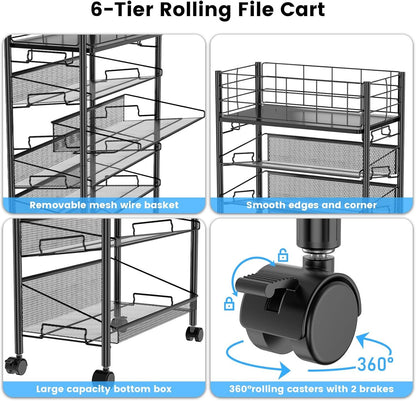 Rolling File Cart with Wheels,Shrivee 6 Tier Metal Rolling File Organizer Cart Beside Desk,Mobile Book Carts with Wheels for Office Home School Teacher Classroom Paper Letter Organization,Black