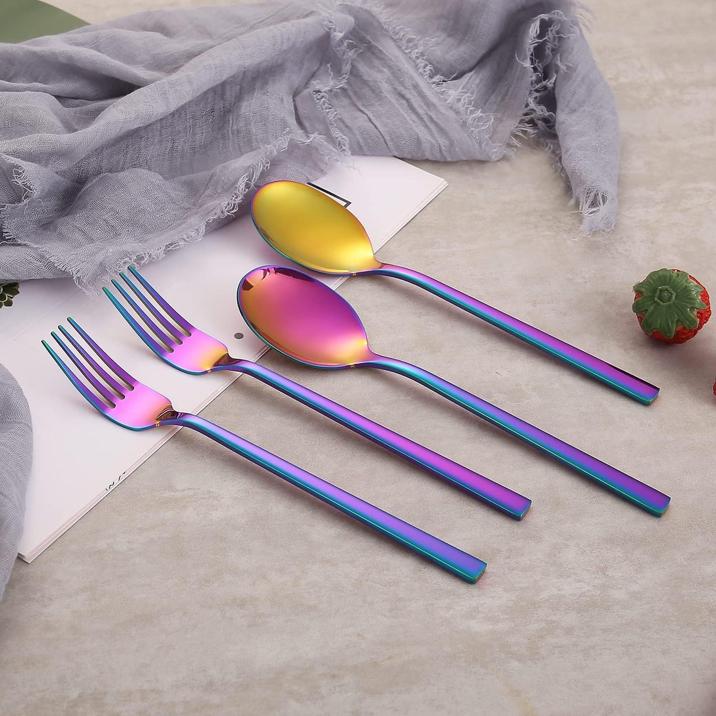 Camping Flatware 3PCS, Stainless Steel Travel Outdoor PVD Rainbow Cutlery Utensils Set Chopsticks Spoon Fork. Portable Work Utensils Cutlery Set with a Wheat Straw Case (Rainbow)