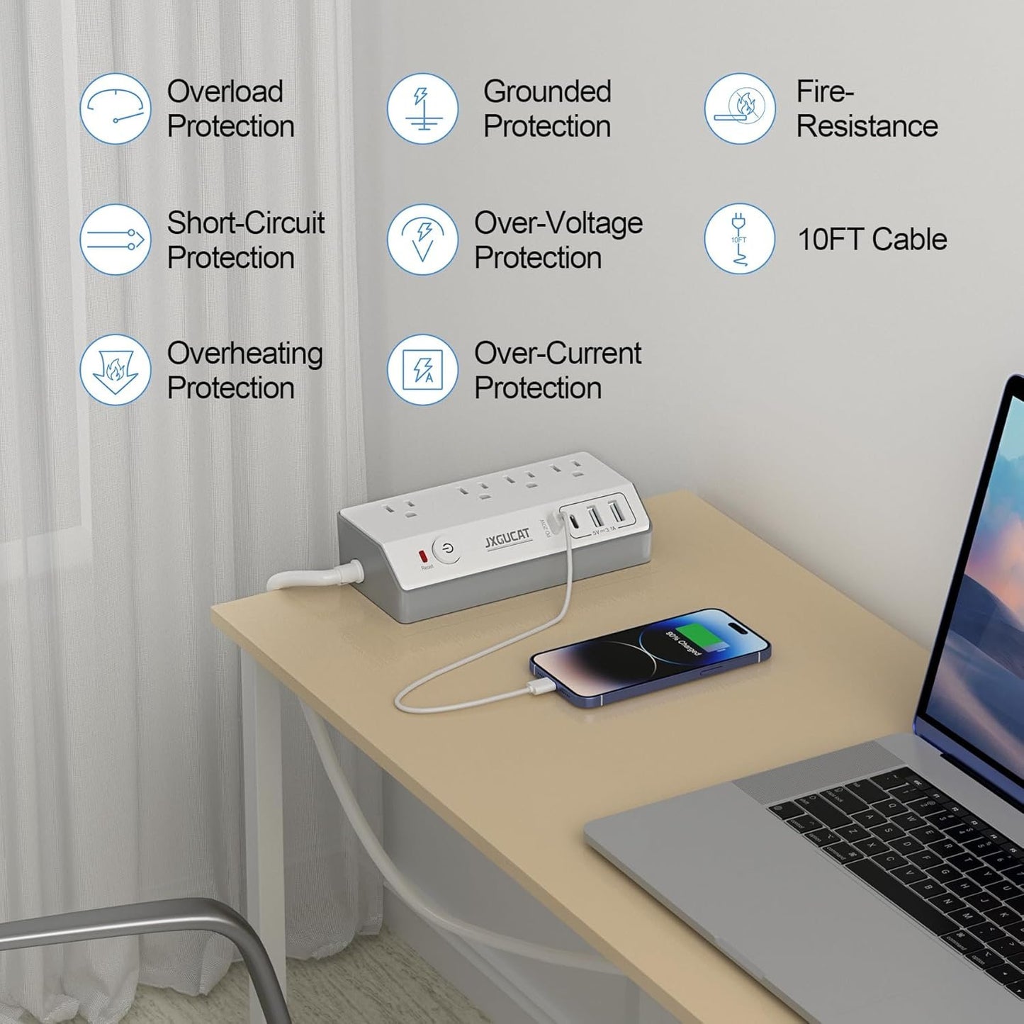 PD 20W USB C Desk Clamp Power Bar, JXGUCAT Removable Fast Charging Desktop Edge Power Strip Surge Protector, 10ft Extension Cord Flat Plug with 4 Outlet 4 USB Ports, Fit 1.8" Tabletop Edge