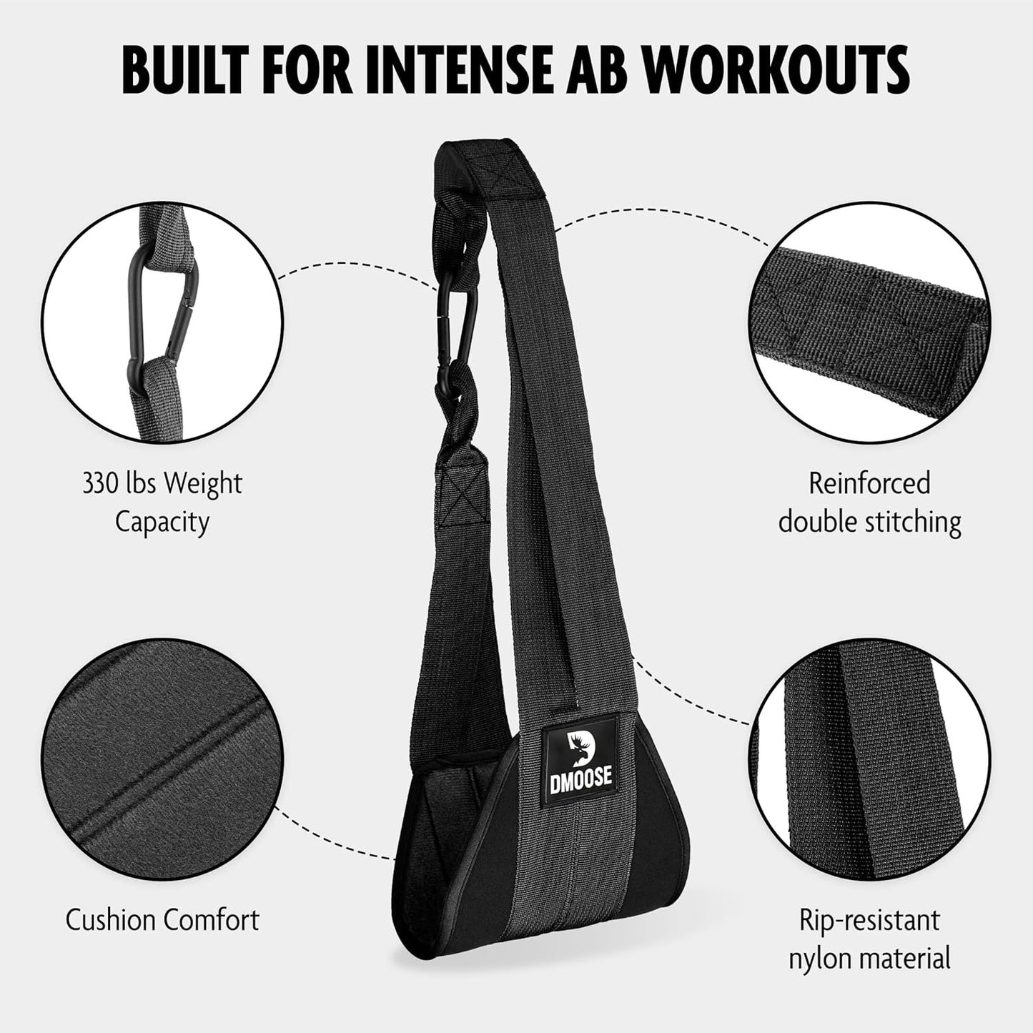 DMoose Fitness Hanging Ab Straps for Pull Up Bar & Core Strength Training - Thick Padded Arm Strap for Ab Swing with 2 Rust-Resistant Carabiners - Pull Up Straps for Abs Workout at Home and Gym (Pair)
