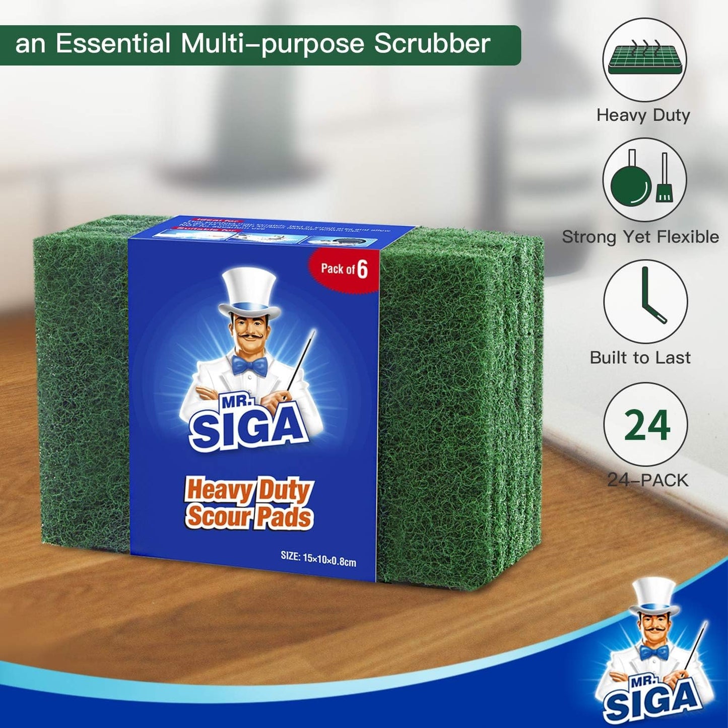 MR.SIGA Heavy Duty Scouring Pads, Household Scrubber for Kitchen, Sink, Dish, 24-Pack, 3.9 x 5.9 inch (10 x 15 cm), Green