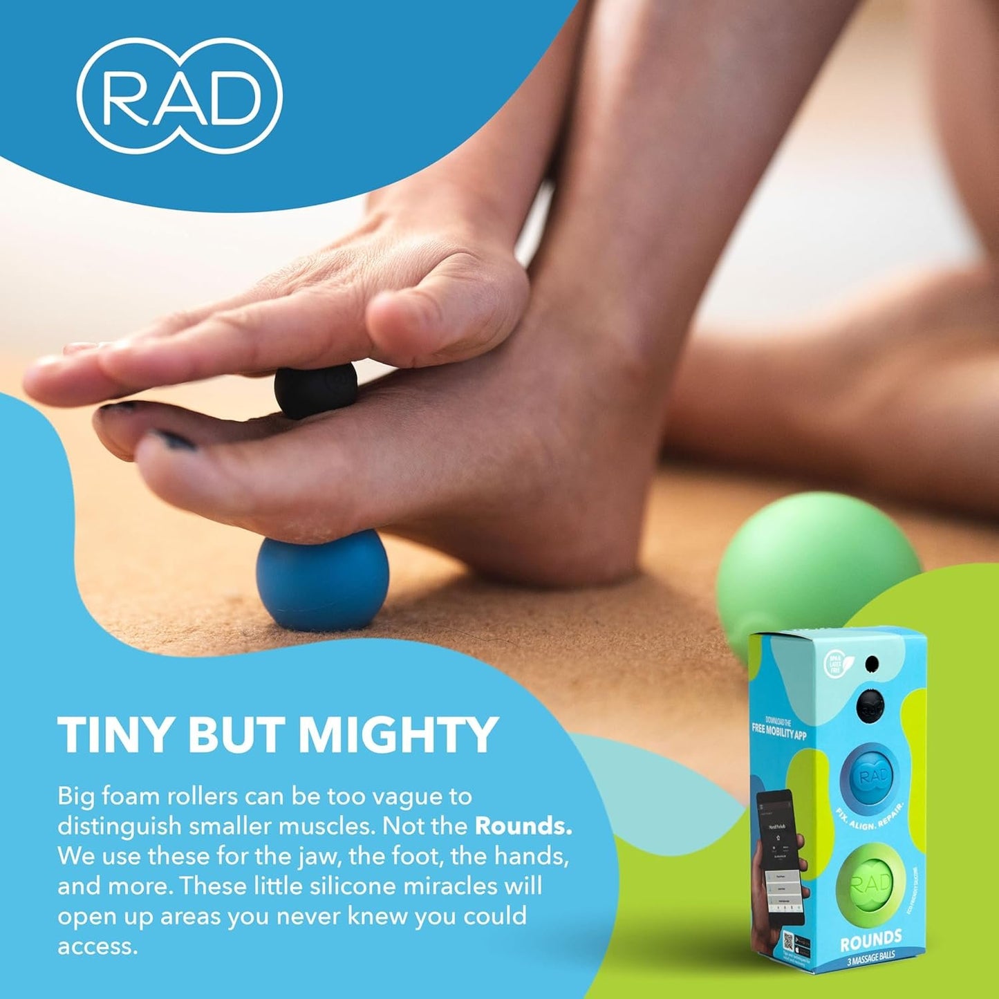 RAD Rounds I Set of 3 Massage Balls for Jaw, Hands and Plantar Fasciitis Myofascial Release, Mobility and Recovery,3 Count (Pack of 1)