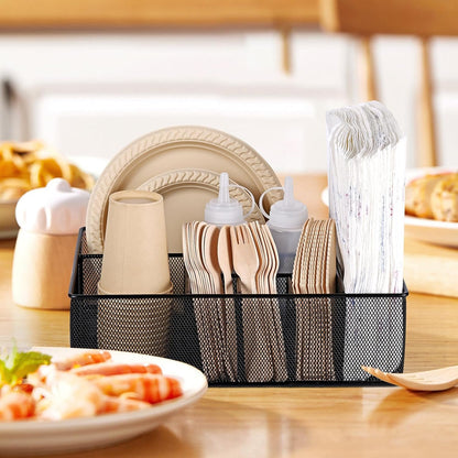 GOFULLHOME Paper Plate Organizer for Countertop, Metal Silverware Caddy Cutlery, Flatware Organizer Storage Box With 7 Compartments for Plates, Cups, Napkins