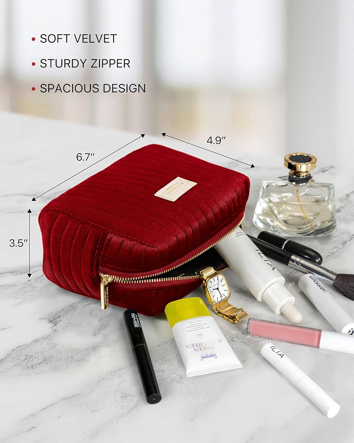 Benevolence LA Plush Velvet Small Makeup Bag for Purse | Cosmetic Pouch, Travel Toiletry Organizer for Women, Quilted Bag for Accessories - Red