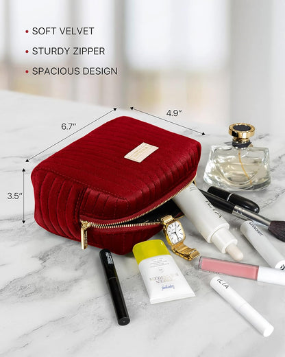 Benevolence LA Plush Velvet Small Makeup Bag for Purse | Cosmetic Pouch, Travel Toiletry Organizer for Women, Quilted Bag for Accessories - Red