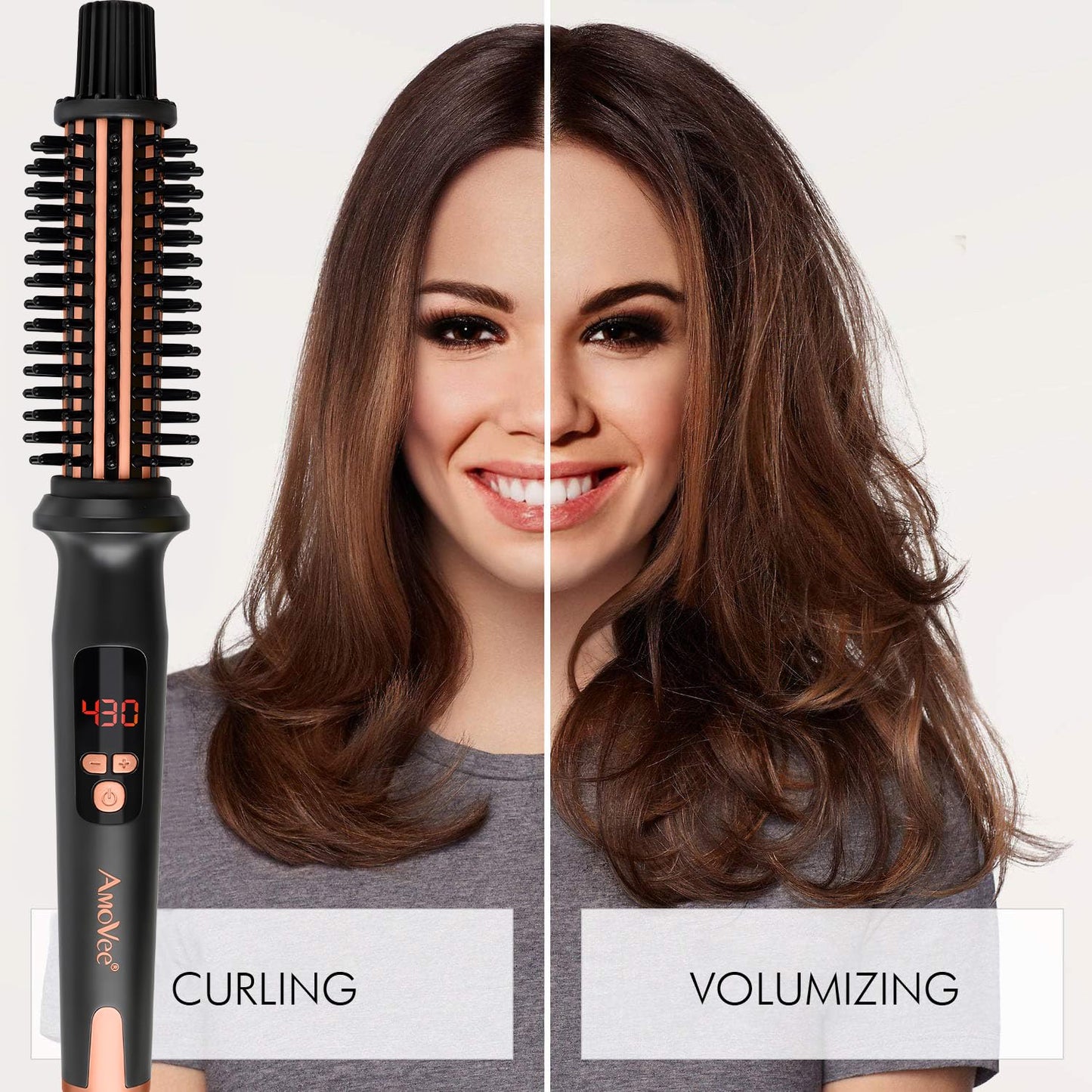 Curling Iron Brush, Ceramic Tourmaline Ionic Hair Curling Wand, Curling Brush with Barrel & Anti-Scald Bristles for All Hair Types